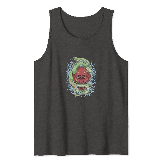 Japanese oni mask with peony flower and greem snak Tank Tops