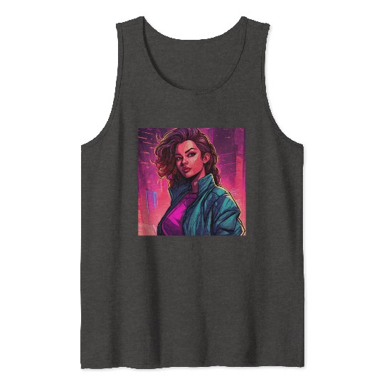 Synthwave City Bloom - Neon Pink Cityscape Tank Tops