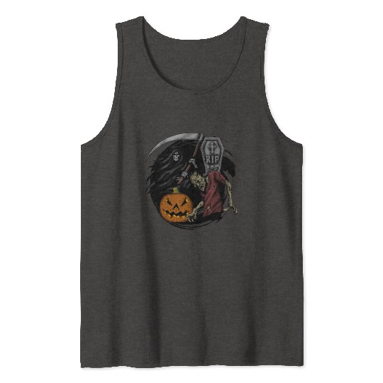 Scary pumpkin zombie Halloween grim reaper Tank Tops