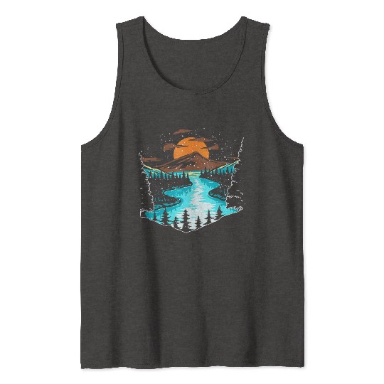 Wildlife Mountain River Outdoor Nature Full Moon Tank Tops
