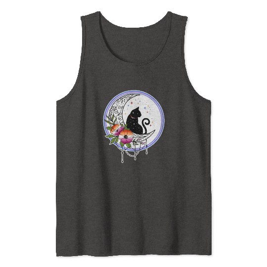 Galaxy Cat and Flowers in Lesbian Flag Colors Tank Tops