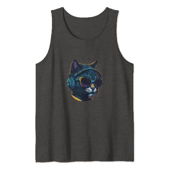 Cool Sunglasses Headphone Galaxy Cat Tank Tops