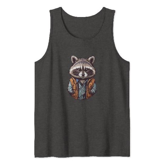 Raccoon on Orange Jacket Sticker Tank Tops