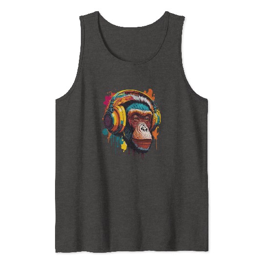 Chimpanzee Wearing Headphone Tank Tops