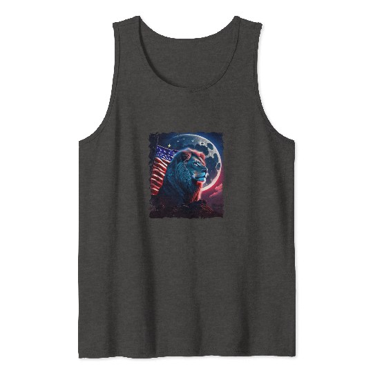 America lion under Moon with American Flag Tank Tops