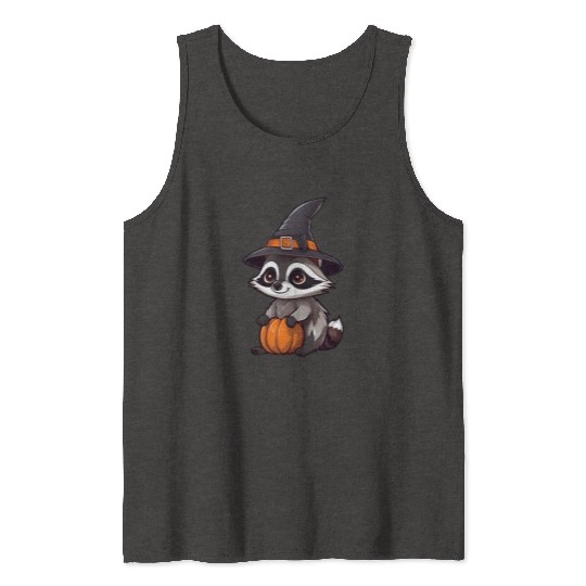 Cute Halloween raccoon with a witch hat. Tank Tops
