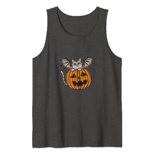 Cute Creepy Cat With Bat Wings Funny Halloween Tank Tops