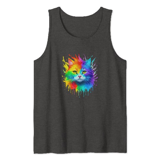 Rainbow Cat Realistic Watercolor Cute Cat Paint Tank Tops