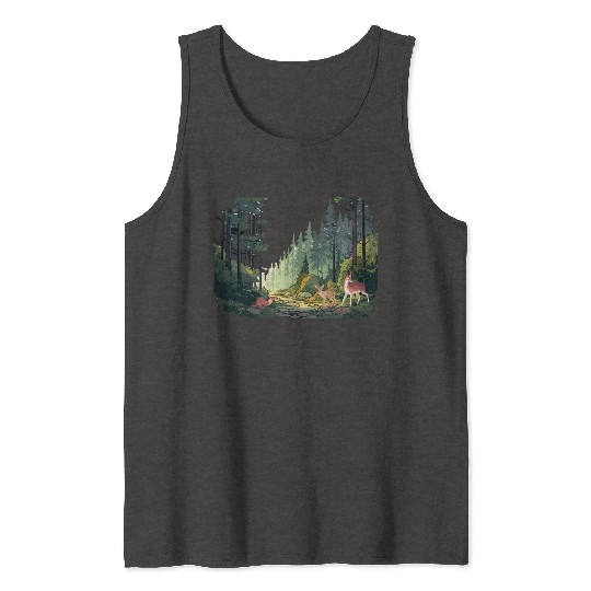 Forrest Background with Deer and Weasel Tank Tops