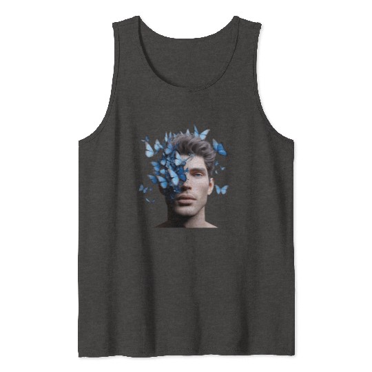 Male Face with Blue Butterflies Tank Tops