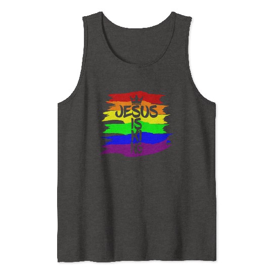 Queer Jesus is King Cross Crown Rainbow Colors Tank Tops