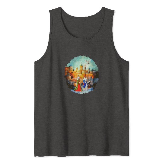 Mary and Joseph in Bethlehem with donkey Tank Tops