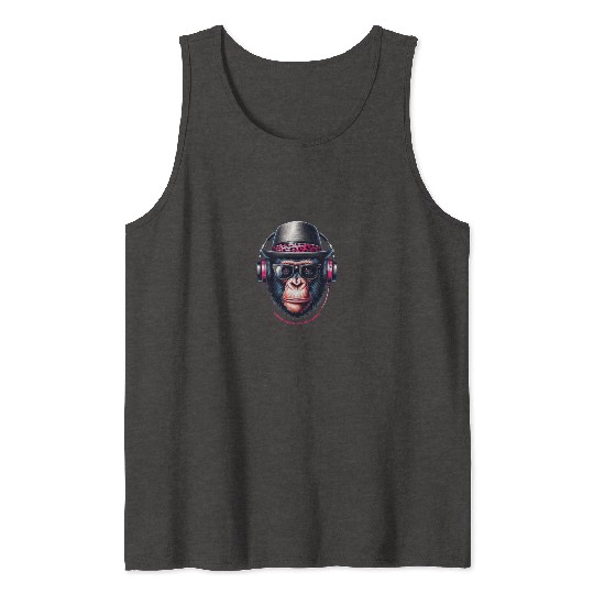 Cartoon Monkey With Headphones, Glasses And Hat Tank Tops