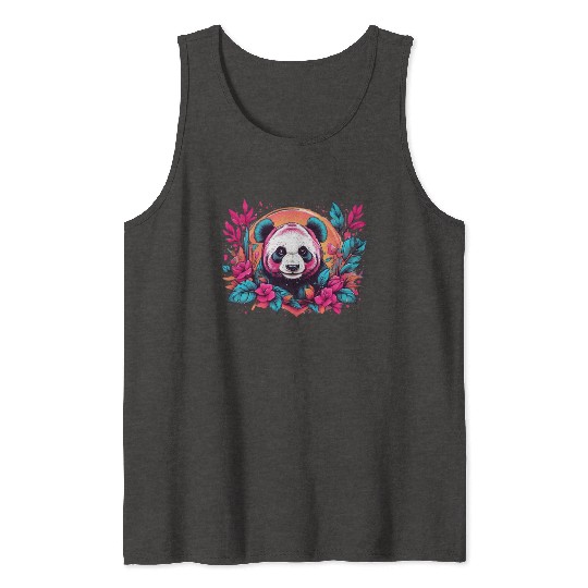 Retro panda with neon nature floral vintage sunset Tank Tops
