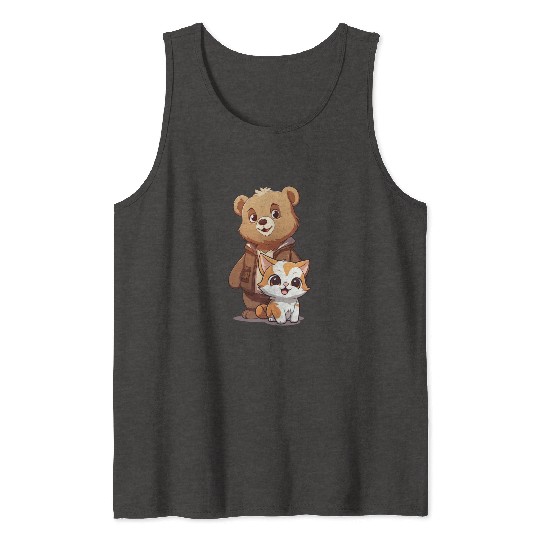 cute kitty cat and teddy bear in cartoon style Tank Tops