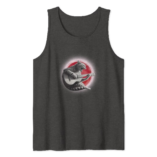 Rock Cat Playing Guitar Tank Tops under the red moon