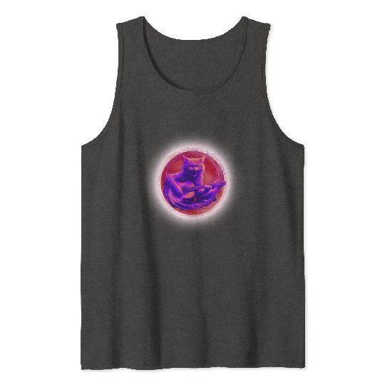 Rock Cat Playing Guitar Tank Tops under the red moon