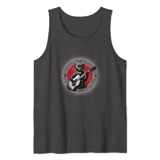 Rock Cat Playing Guitar Tank Tops under the red moon