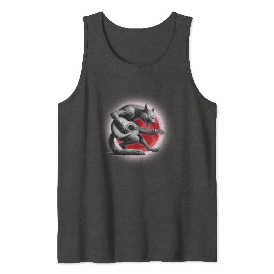Rock Cat Playing Guitar Tank Tops under the red moon