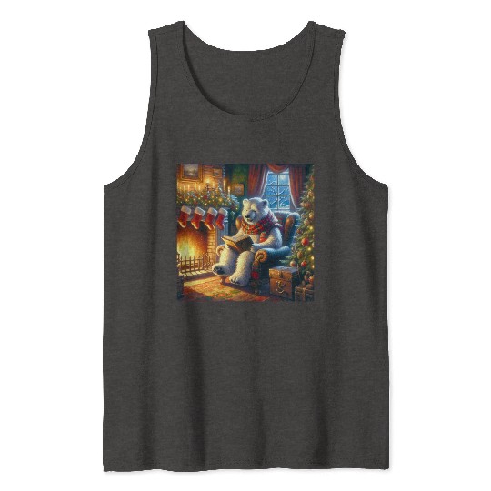 Winter Tales-Merry Cozy Bear Reading by Fireplace Tank Tops
