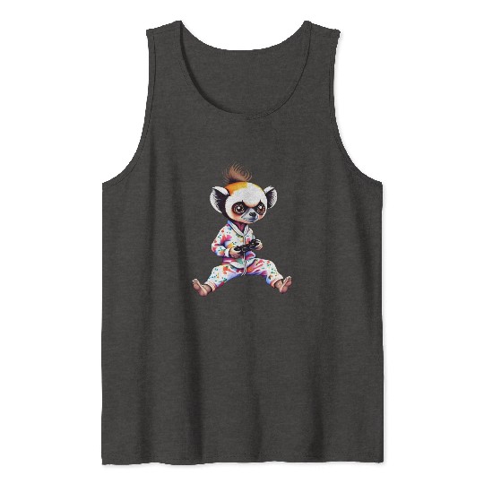 Young Sifaka Wearing Pajamas Retro Video Game Tank Tops