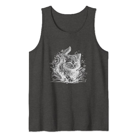 Cute Little House Cat In Tattoo Style Tank Tops