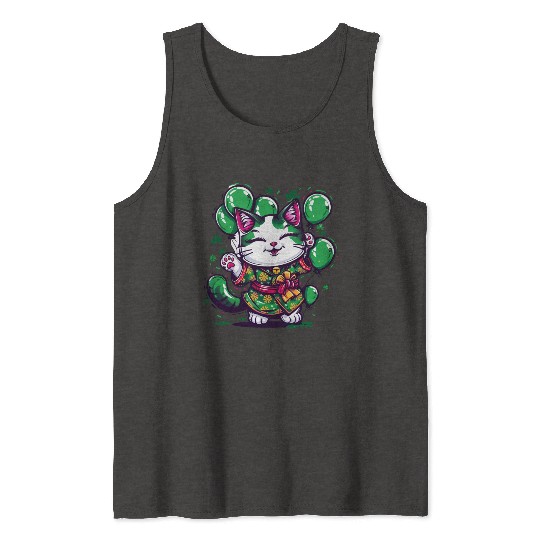 Kawaii St Patricks Day Cat With Balloons Tank Tops
