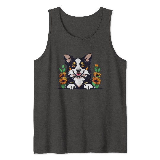 Happy Border Collie Dog With Flowers Tank Tops