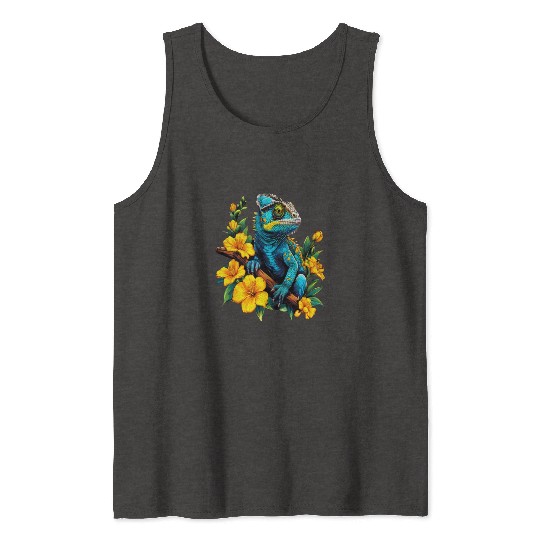 Chameleon on a Branch Surrounded by Flowers Tank Tops