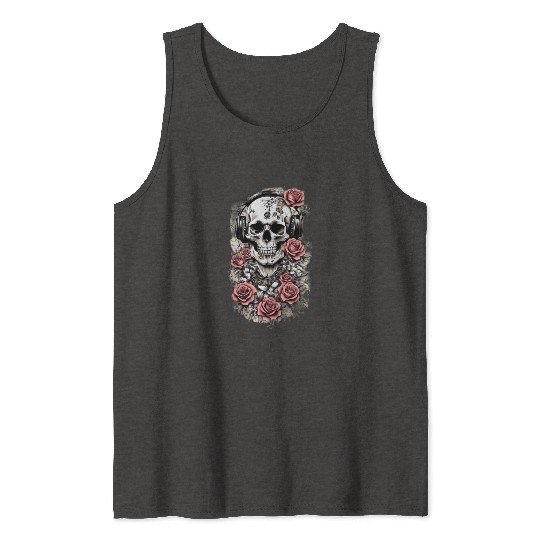 Rock & Roses Tank Tops: Skull, Roses & music nout