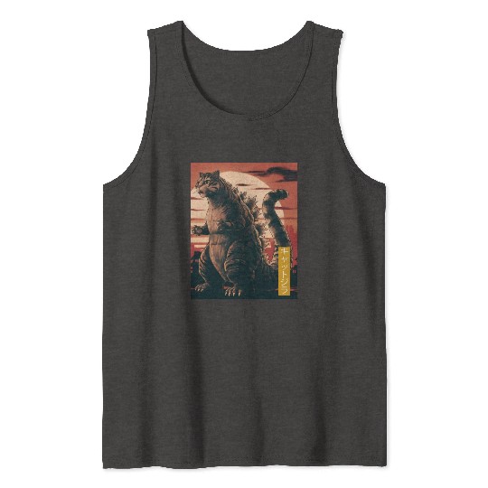 Funny Cute Cat Art Japanese Sunset Retro Catzilla Tank Tops