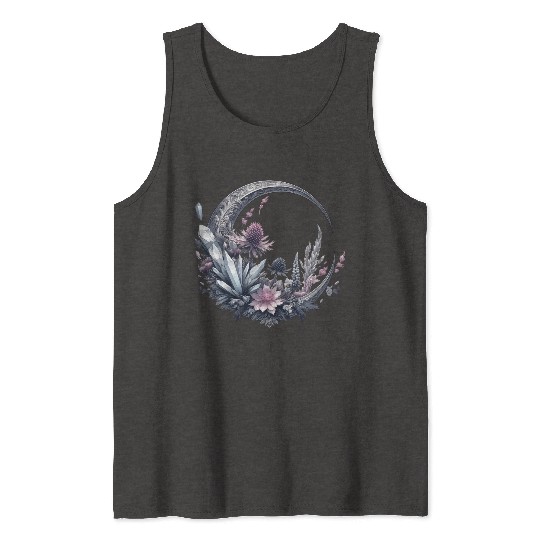 Crescent moon in silver, with crystals and flowers Tank Tops