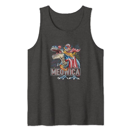 Meowica Cat T-Rex Dinosaur 4th of July US Flag Tank Tops