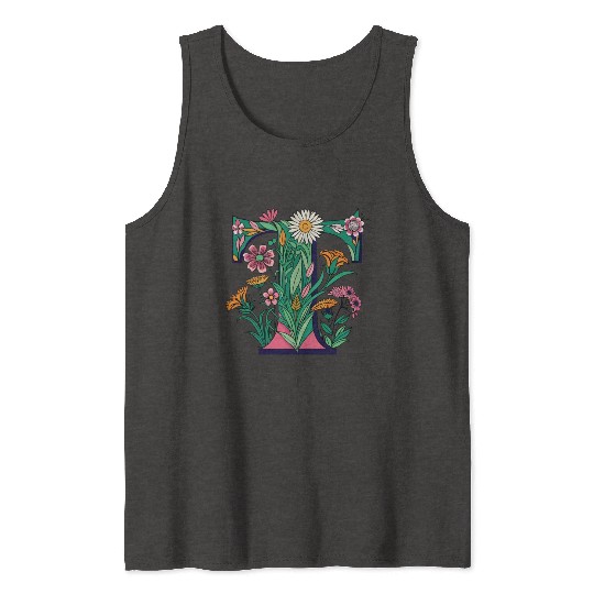 Pink and Green Floral Sketched Letter 'T' Tank Tops