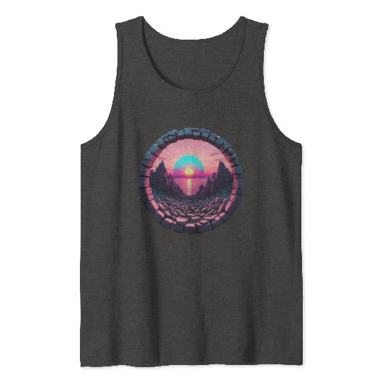 Synthwave Rocky landscape with Setting Sun Tank Tops