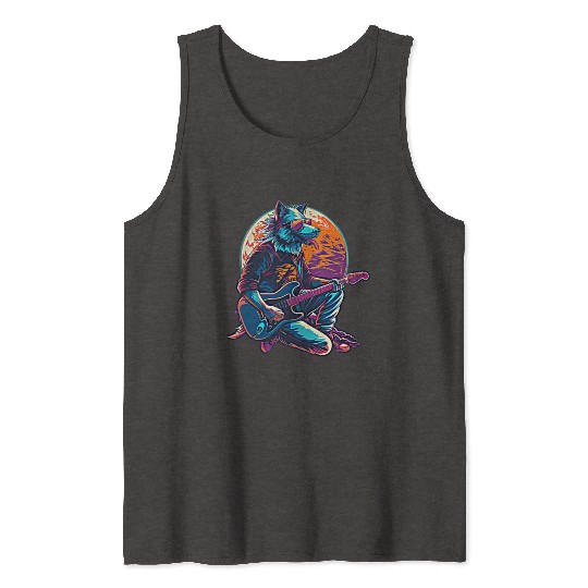 Blue Wolf Moon Guitar Player Retro Sunglasses Tank Tops