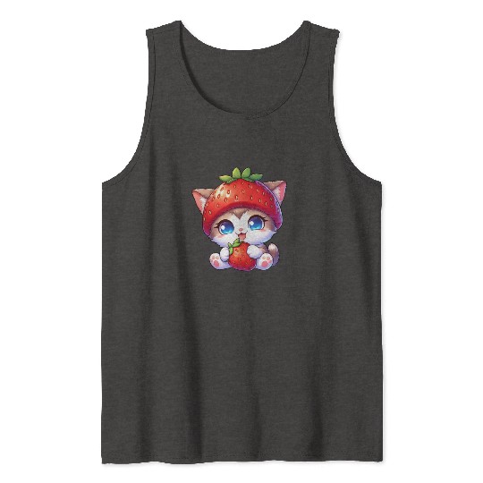 Cat with strawberry hat cute fruity quirky Tank Tops