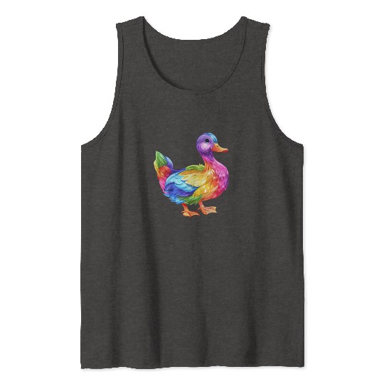 Duck Rainbow Colorful Feathered Duck Illustration Tank Tops