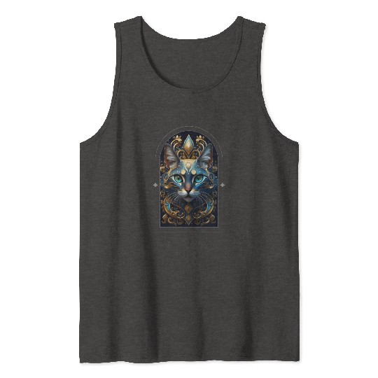Elegant stylish blue and gold cat face Tank Tops