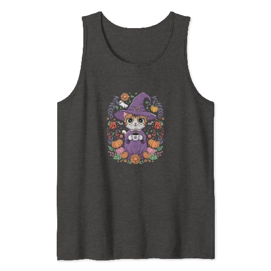 Halloween Cute Witch Cat with Coffee Mug Tank Tops