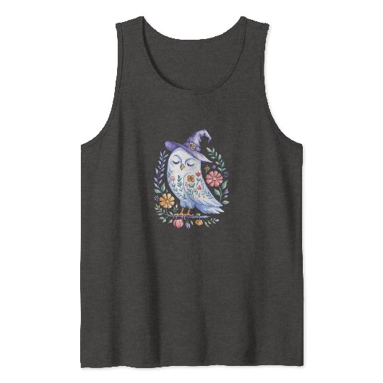 Halloween Owl with Floral Witch Hat Tank Tops