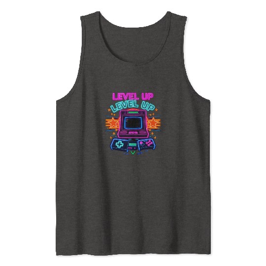 Neon Arcade Glory: Level Up Tank Tops