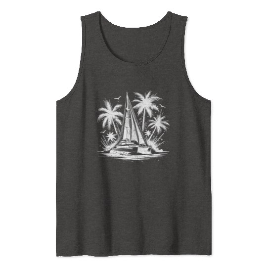 Double Hull Catamaran Sailing Boat With Palm Trees Tank Tops