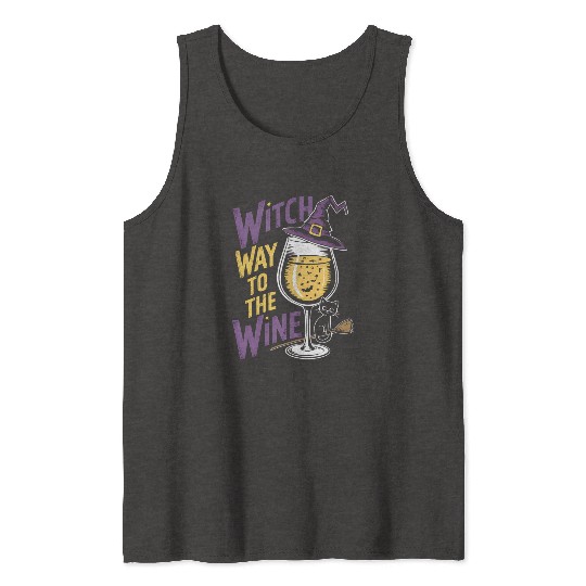 Spooky Witch Hat with Wine Glass and Halloween Cat Tank Tops