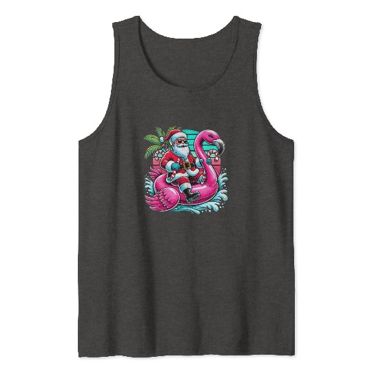 Santa Riding Flamingo in Tropical Christmas Fun Tank Tops