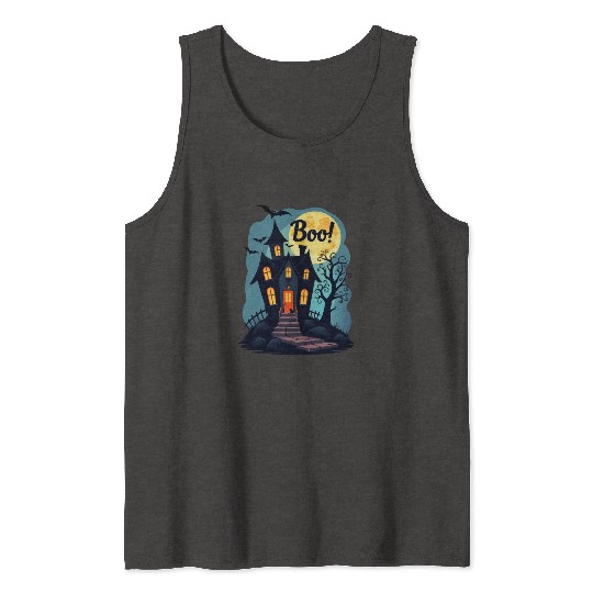 spooky haunted house with a black cat sitting Tank Tops