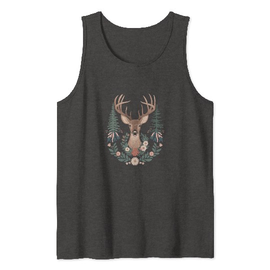 Cottagecore Deer with Floral Wreath and Evergreen Tank Tops