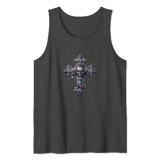 Gothic Cross Collection - Skulls and Red Roses Tank Tops