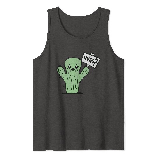 Funny Cactus Sad Face Hugs Sign Lonely Cry Comic Tank Tops