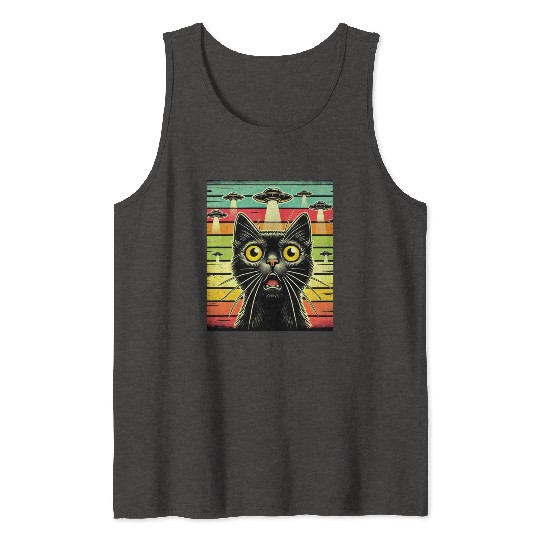 Fun Cat sunset Galaxy Cat Spaceship Alien Cat UFOs Tank Tops